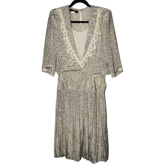 Vintage Positive Influence Womens Animal Print Pleated Dress Small Dainty Lace - Picture 2 of 11